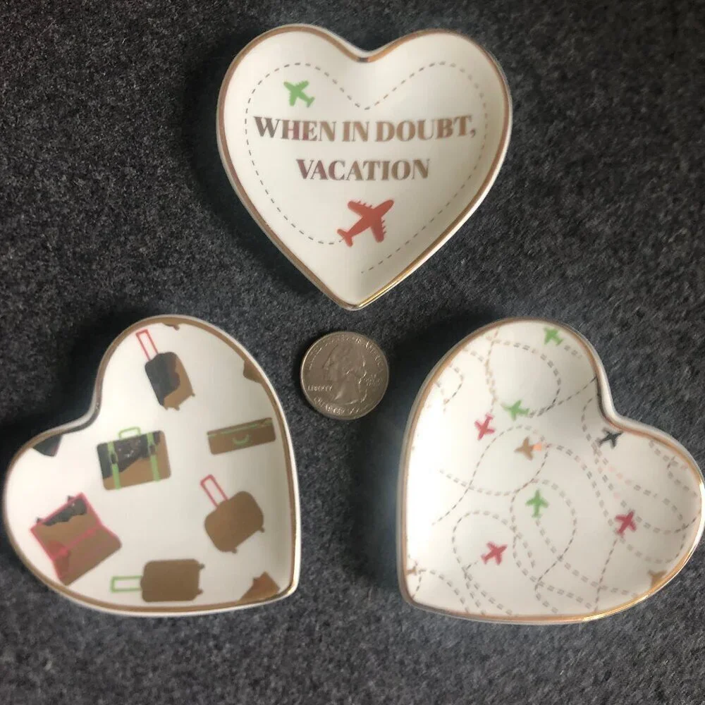 JT Rose heart-shaped ceramic trinket dishes, 3-count, travel-themed